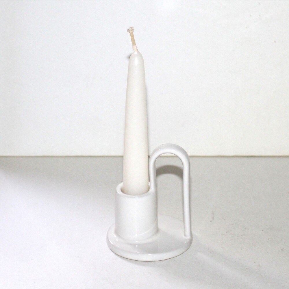 Taper Candle Holder with handle white ceramic chamber Scandi decor